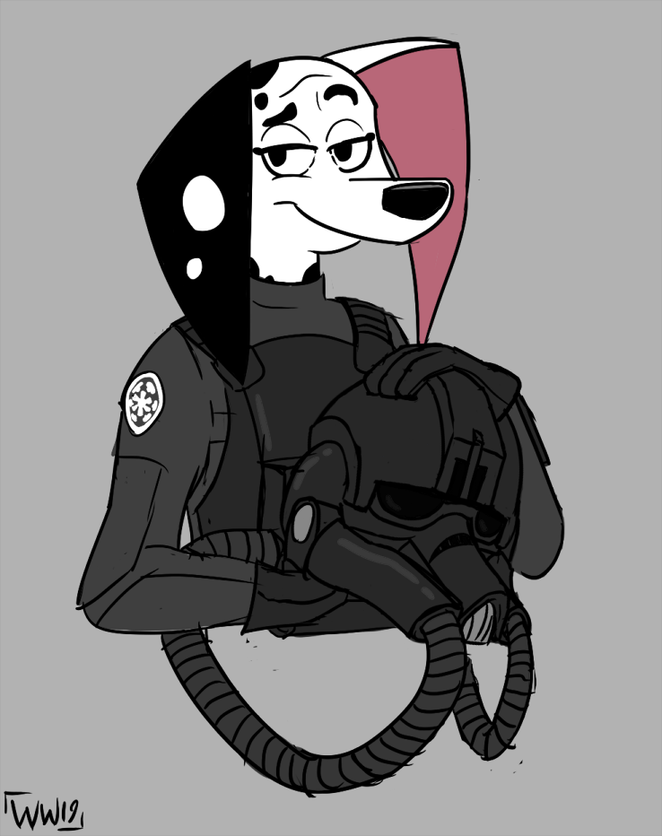 101_dalmatian_street 101_dalmatians 2019 anthro armor canid canine canis clothing crossover dalmatian delilah_(101_dalmatians) disney domestic_dog female flight_suit headgear helmet mammal pilot simple_background sketch smile solo spots star_wars tie_fighter_pilot uniform whitewolf20xx