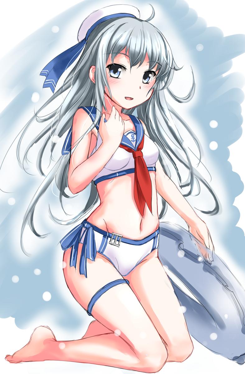 1girl adapted_costume anchor_symbol barefoot bikini blue_eyes blue_sailor_collar breasts full_body grey_background hand_on_own_chest hat hibiki_(kantai_collection) highres innertube kantai_collection knck kneeling long_hair navel neckerchief red_neckwear sailor_bikini sailor_collar sailor_hat side-tie_bikini silver_hair small_breasts solo swimsuit two-tone_background white_bikini white_headwear