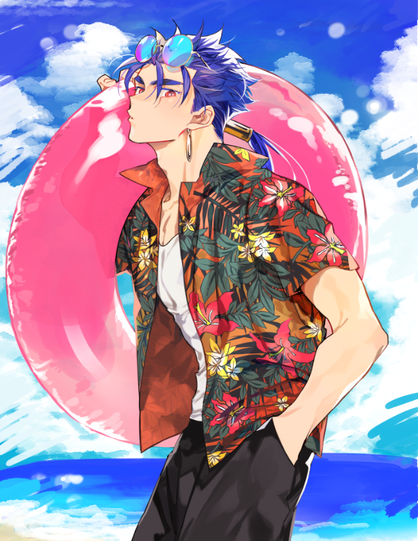 1boy beach blue_hair commentary cu_chulainn_(fate/grand_order) day earrings eyewear_on_head fate_(series) floral_print from_side hand_in_pocket hand_up hawaiian_shirt holding holding_innertube innertube jewelry lancer long_hair looking_at_viewer male_focus ocean open_mouth pink_innertube ponytail red_eyes shirt solo standing sunglasses tatsuta_age upper_body