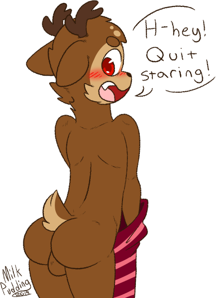 2019 alpha_channel antlers balls blush brown_fur butt cervid clothing cute_fangs digital_media_(artwork) english_text fur horn looking_back male mammal milkpudding open_mouth red_eyes shirt signature simple_background solo speech_bubble super_animal_royale super_army_deer tan_fur text topwear transparent_background