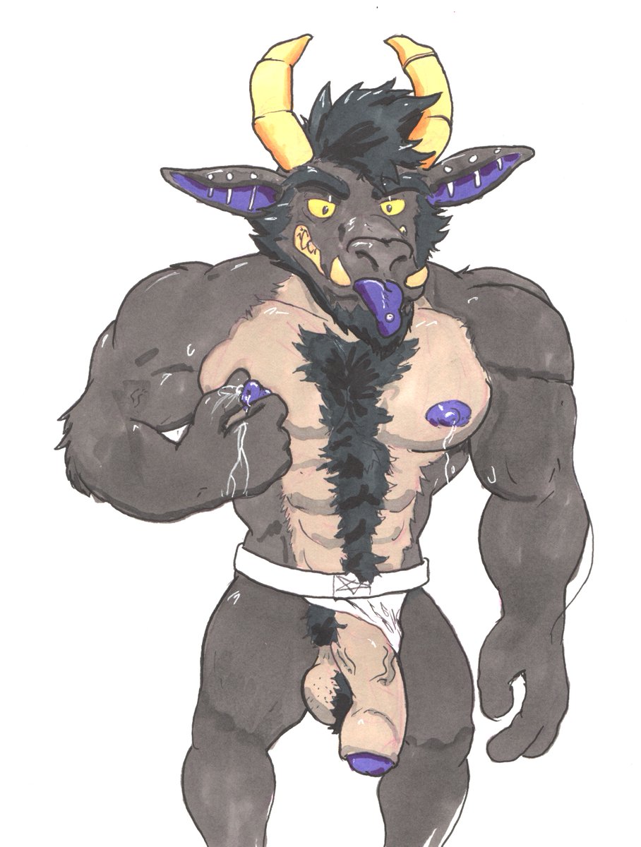 anthro azul_(artist) ball_tuft balls beard bodily_fluids body_hair bovid caprine chest_tuft clothing crotch_tuft demon ear_piercing facial_hair goat hair hairy_balls hi_res horn jockstrap krampus lactating male male_lactation mammal mostly_nude muscular muscular_male nipple_pinch nipples penis piercing pinch solo standing teeth tongue tongue_out tuft uncut underwear vein veiny_penis