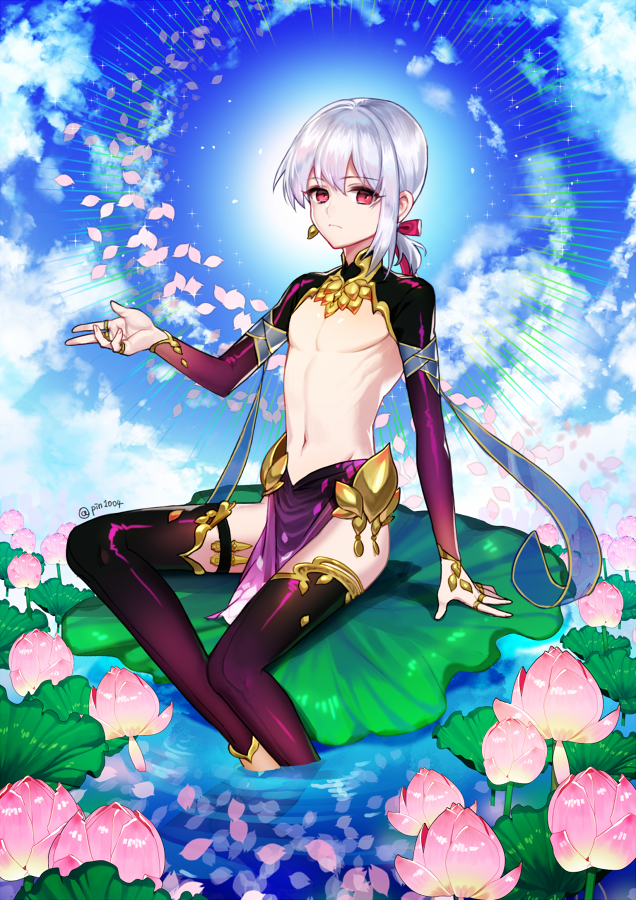 1boy asymmetrical_bangs bangs bare_chest bare_shoulders chest child earrings fate/grand_order fate_(series) flower genderswap genderswap_(ftm) jewelry kama_(fate/grand_order) lily_pad long_hair looking_at_viewer lotus low-tied_long_hair male_focus no_nipples outstretched_arm pelvic_curtain pin1004 red_eyes shrug_(clothing) sitting solo thighhighs twitter_username water