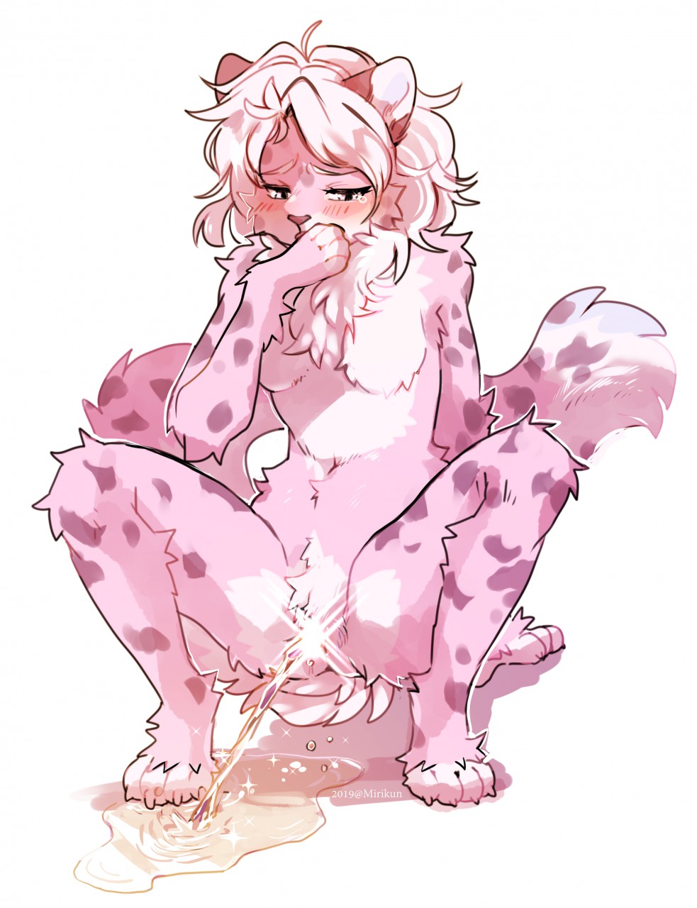 2019 anthro blush bodily_fluids breasts claws convenient_censorship featureless_breasts felid female fluffy fur genital_fluids hair hi_res mammal miri omorashi pantherine paws peeing pink_eyes pink_fur pink_hair pink_nose pink_spots simple_background snow_leopard solo spots tears toes urine urine_pool watersports white_claws white_fur white_hair