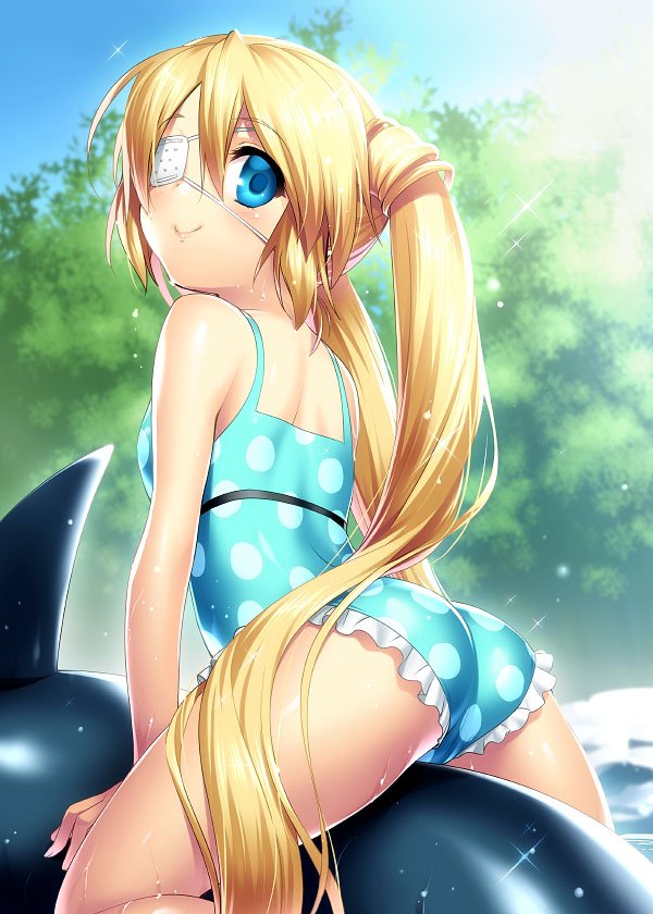 1girl ass blonde_hair blue_eyes blue_swimsuit bush casual_one-piece_swimsuit commentary_request cowboy_shot eyepatch frilled_swimsuit frills from_behind inflatable_dolphin inflatable_toy light_rays long_hair looking_back nakatsu_shizuru one-piece_swimsuit polka_dot polka_dot_swimsuit rewrite riding smile solo sparkle sunbeam sunlight swimsuit twintails yellow_eyes zen