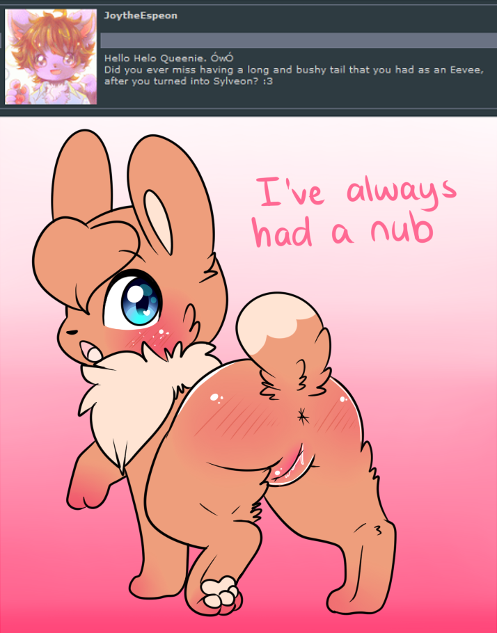 3_toes all_fours anus ask_blog big_eyes blue_eyes blush bodily_fluids brown_fur butt chest_tuft dipstick_tail ears_up eevee english_text female feral fluffy fluffy_tail fur genital_fluids hashu looking_at_viewer looking_back multicolored_tail nintendo one_leg_raised open_mouth pawpads pok&eacute;mon pok&eacute;mon_(species) pussy pussy_juice rear_view short_tail solo spank_marks tan_fur text toes tongue tuft video_games