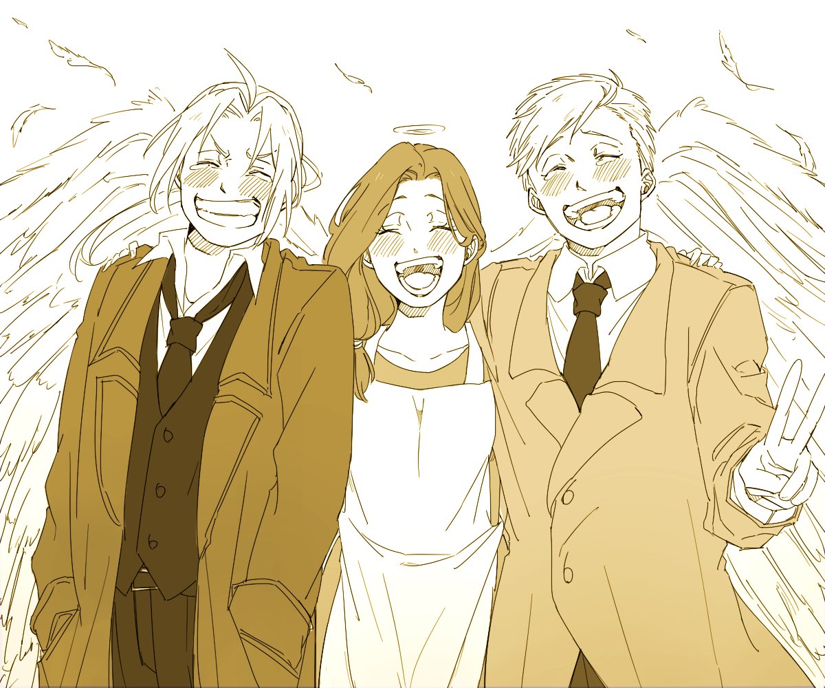 1girl 2boys :d ^_^ ahoge alphonse_elric angel_wings apron blush brothers buttons closed_eyes coat commentary_request crying dress dress_shirt edward_elric eyebrows_visible_through_hair eyelashes feathers fingernails fullmetal_alchemist grin halo hands_in_pockets hands_on_another's_shoulders happy happy_tears monochrome mother_and_son multiple_boys necktie open_clothes open_coat open_mouth ponytail sepia shirt siblings side_ponytail simple_background smile standing tears teeth trisha_elric upper_body v v-shaped_eyebrows waistcoat white_background wings yuppenta2