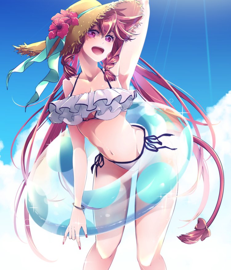 1girl :d aqua_ribbon arm_up armpits ataka_takeru bikini black_ribbon blue_sky bow braid breasts brown_bow brown_hair cleavage cloud collarbone day floating_hair flower fortune_tellers_academy groin hair_between_eyes hair_bow hat hat_flower hat_ribbon hibiscus innertube leaning_forward long_hair medium_breasts nail_polish navel open_mouth outdoors pink_eyes red_flower red_nails ribbon shiny shiny_hair shiny_skin side-tie_bikini sky smile solo standing straw_hat sun_hat swimsuit transparent very_long_hair white_bikini yellow_headwear