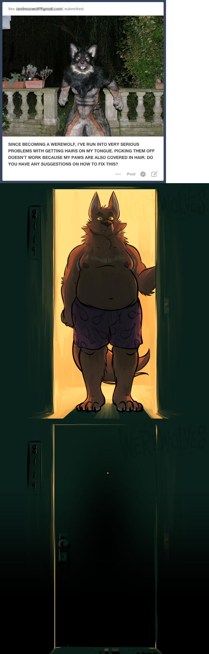 2015 anthro ask_blog ask_the_werewolves boxers_(clothing) brown_fur canid canine canis clothing comic costume door duran_(atw) fur fursuit hi_res jd_laclede male mammal night orange_eyes orange_sclera overweight overweight_male photo underwear were werecanid werecanine werewolf wolf