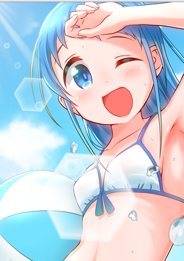 1girl alternate_costume ball bangs bikini_top blue_eyes blue_hair blush breasts cloud cloudy_sky collarbone commentary hand_on_forehead holding holding_ball kantai_collection light_rays one_eye_closed open_mouth outdoors samidare_(kantai_collection) sidelocks sky small_breasts smile solo swept_bangs upper_body white_bikini_top yokoshima_(euphoria)