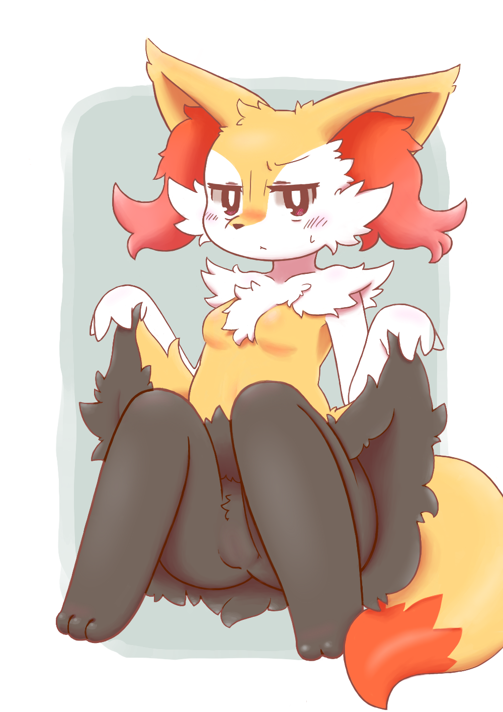 3_toes 4_fingers :&lt; anthro black_fur black_nose blush braixen breasts canid canine cheek_tuft chest_tuft countershade_face countershading dipstick_tail featureless_breasts featureless_crotch female fur hi_res inner_ear_fluff kemono looking_at_viewer mammal mo" multicolored_fur multicolored_tail nintendo orange_fur orange_tail pink_eyes pok&eacute;mon pok&eacute;mon_(species) red_fur sitting solo toes tuft video_games white_countershading white_fur yellow_ears yellow_fur yellow_tail