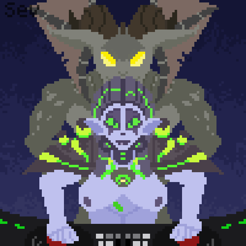1:1 ambiguous_penetration animated batartcave bodily_fluids bottomless breasts clothed clothing cum cum_inside digital_media_(artwork) female from_behind_position front_view genital_fluids green_eyes horn humanoid looking_at_viewer low_res male male/female monster mordesh nipples penetration pixel_(artwork) pixel_animation purple_skin sex wildstar yellow_eyes