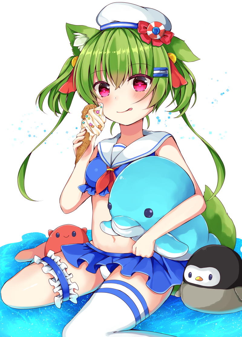 1girl :p animal_ear_fluff animal_ears bangs bare_arms bare_shoulders beret bikini_skirt blue_bikini_top blush closed_mouth commentary_request eyebrows_visible_through_hair food green_hair hair_between_eyes hair_ornament hair_ribbon hairclip hat holding holding_food ice_cream ice_cream_cone inflatable_dolphin inflatable_toy leg_garter lifebuoy long_hair maki_soutoki navel neckerchief object_hug original purple_eyes red_neckwear red_ribbon ribbon sailor_bikini sailor_collar sidelocks single_thighhigh sitting smile soft_serve solo tail tail_raised thighhighs tongue tongue_out very_long_hair wariza water white_background white_bikini_bottom white_headwear white_legwear white_sailor_collar