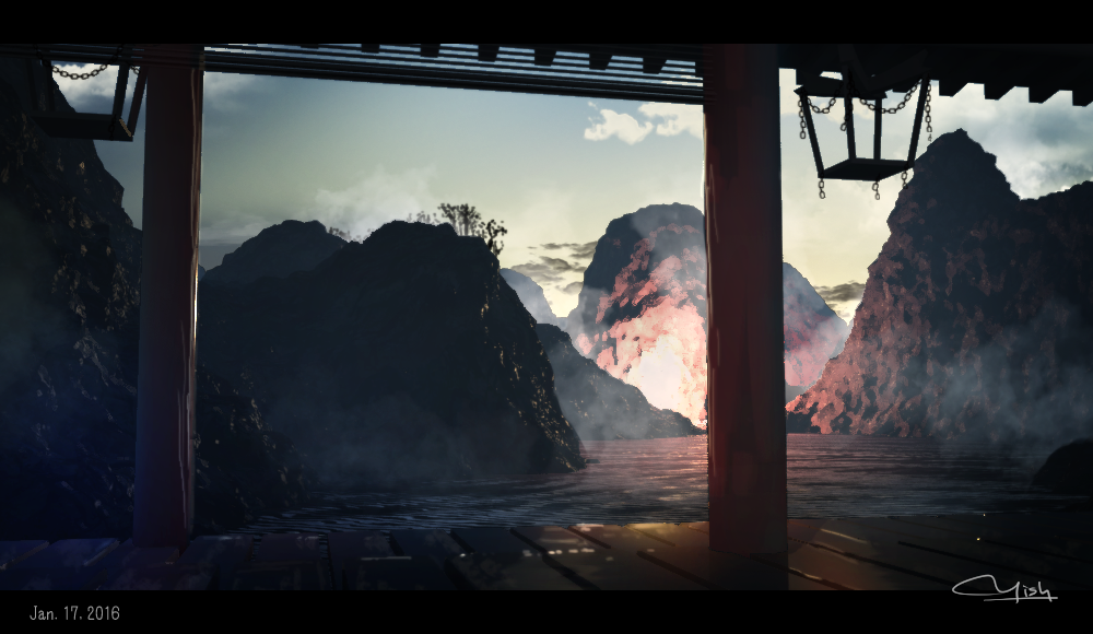 artist_name commentary_request dated deck english_text lantern letterboxed light_rays no_humans original outdoors rock scenery signature sunlight sunrise waisshu_(sougyokyuu) water