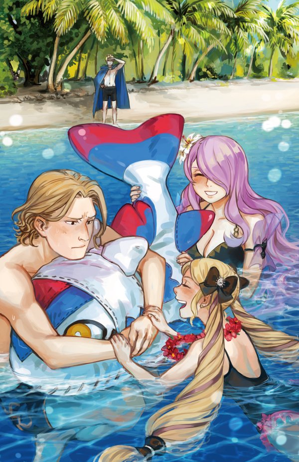 beach bikini blonde_hair buoy camilla_(fire_emblem_if) closed_eyes drill_hair elise_(fire_emblem_if) fire_emblem fire_emblem_if flower flower_necklace hair_flower hair_ornament hair_over_one_eye jewelry leon_(fire_emblem_if) lilith_(fire_emblem_if) marks_(fire_emblem_if) naked_towel necklace ocean palm_tree plaemon purple_hair smile swimsuit towel tree twin_drills volleyball