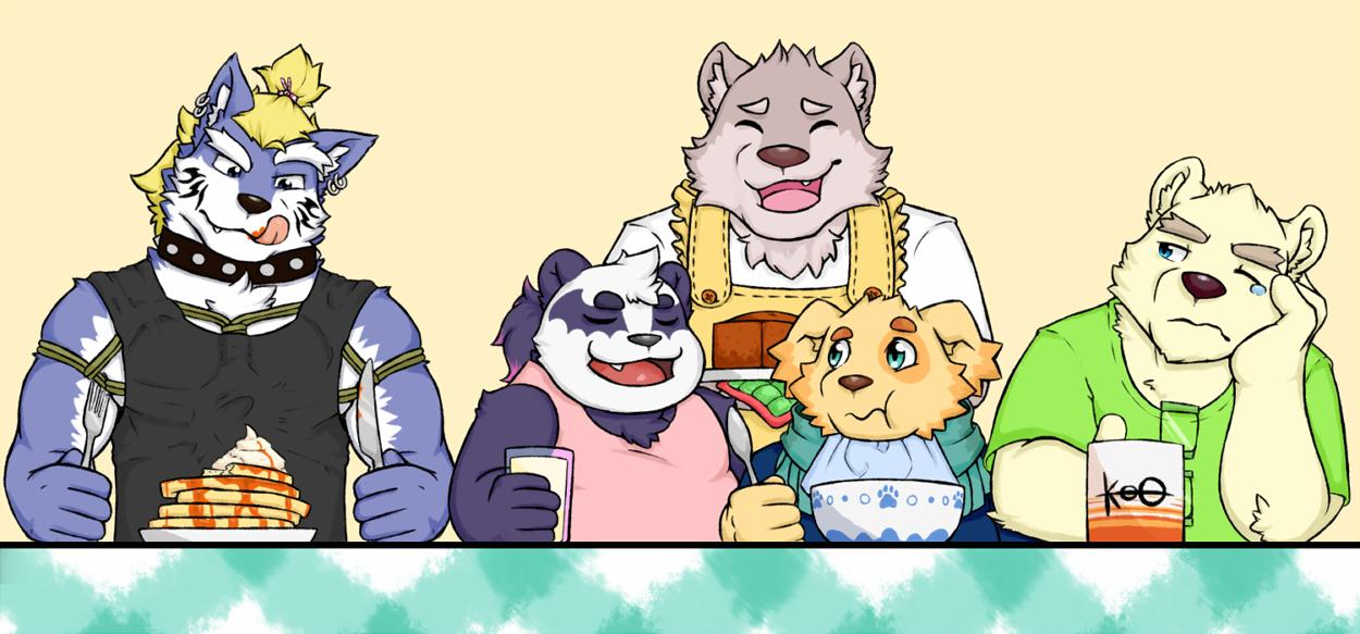 2019 alp_(tas) anthro apron blue_fur canid canine canis clothing cu_sith_(tas) cute_fangs domestic_dog eating eyes_closed eyewear fenrir_(housamo) fur giant_panda glasses group humanoid_hands iudexkoo jambavan kemono leib_(tas) male mammal milk polar_bear purple_fur rope scarf shirt slightly_chubby tired tokyo_afterschool_summoners tongue tongue_out topwear ursid ursine video_games white_fur wolf