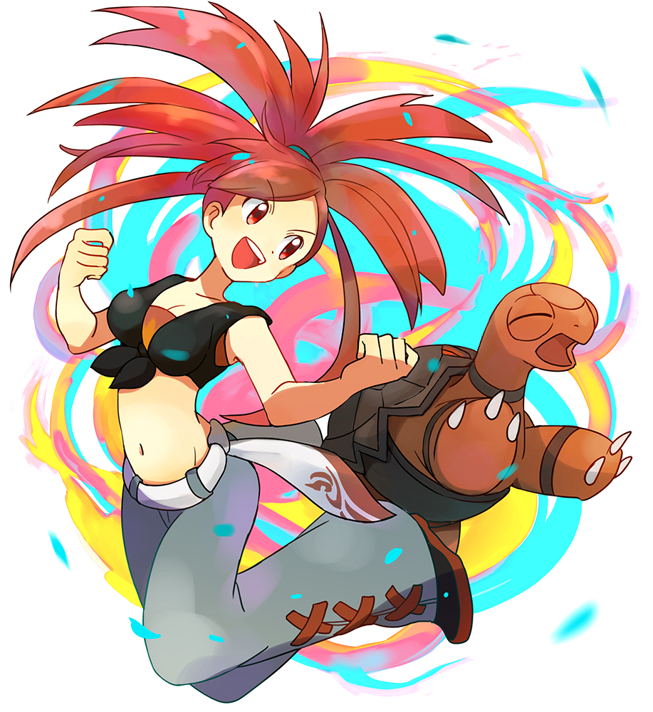 1girl :d asuna_(pokemon) bangs belt bound breasts cleavage collarbone eyebrows_visible_through_hair floating_hair gen_3_pokemon grey_pants groin long_hair medium_breasts midriff navel open_mouth pants parted_bangs pokemon pokemon_(creature) pokemon_(game) pokemon_oras popcorn_91 red_eyes red_hair smile stomach tied_up torkoal very_long_hair white_background white_belt