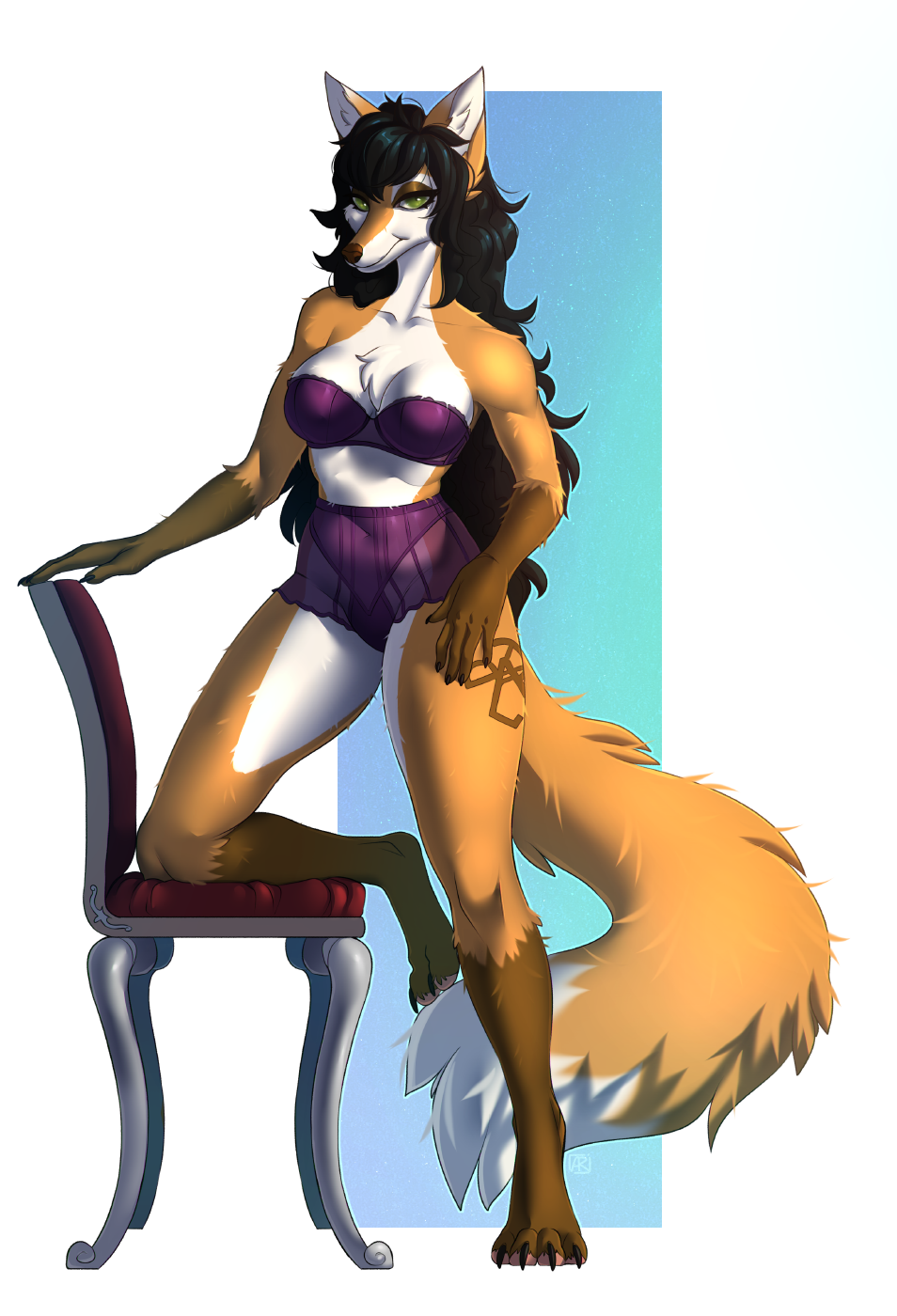 2019 4_toes anthro black_hair breasts canid canine clothed clothing digital_media_(artwork) female fox fur green_eyes hair hi_res looking_at_viewer mammal orange_fur rayley simple_background smile solo toes