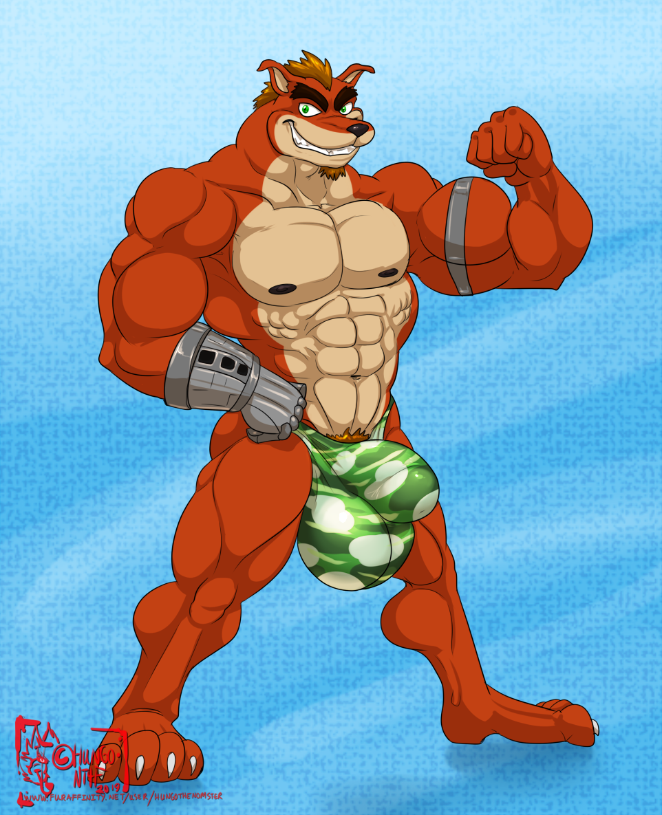 2019 4_toes 5_fingers abs anthro ball_bulge balls bandicoot beard biceps big_balls big_muscles black_nose brown_hair bulge clothed clothing crash_bandicoot_(series) crunch_bandicoot digitigrade eyebrows facial_hair fist flexing green_eyes grin hair hungothenomster male mammal marsupial multicolored_skin muscular muscular_male muscular_thighs naughty_dog nipples orange_skin pecs penis_shaped_bulge pose pubes simple_background smile solo sony_corporation sony_interactive_entertainment standing tan_skin teeth toes topless two_tone_skin video_games