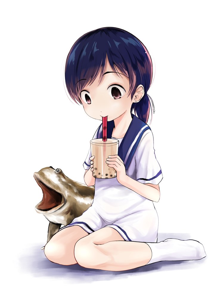 1girl 1other black_hair blue_sailor_collar brown_eyes bubble_tea commentary_request dress drinking_straw frog full_body hat hiburi_(kantai_collection) kantai_collection kurona low_ponytail sailor_collar sailor_dress sailor_hat short_hair short_sleeves simple_background sitting socks wariza white_background white_dress white_headwear white_legwear