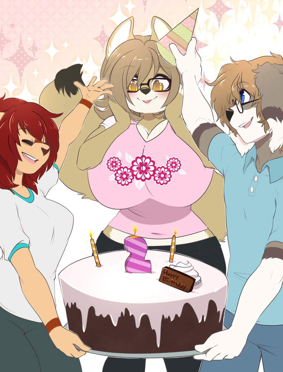 anthro better_version_at_source big_breasts birthday_cake black_fur black_nose blue_eyes blush breast_squish breasts brown_fur brown_hair cake candle canid canine canis cheyenne_(inu-dono) cleavage clothed clothing coyote digital_media_(artwork) domestic_dog eyes_closed eyewear female food fur glasses grey_fur hair hat headgear headwear hi_res huge_breasts male mammal party_hat red_hair shirt spazzykoneko squish tan_fur topwear white_fur wide_hips yellow_eyes