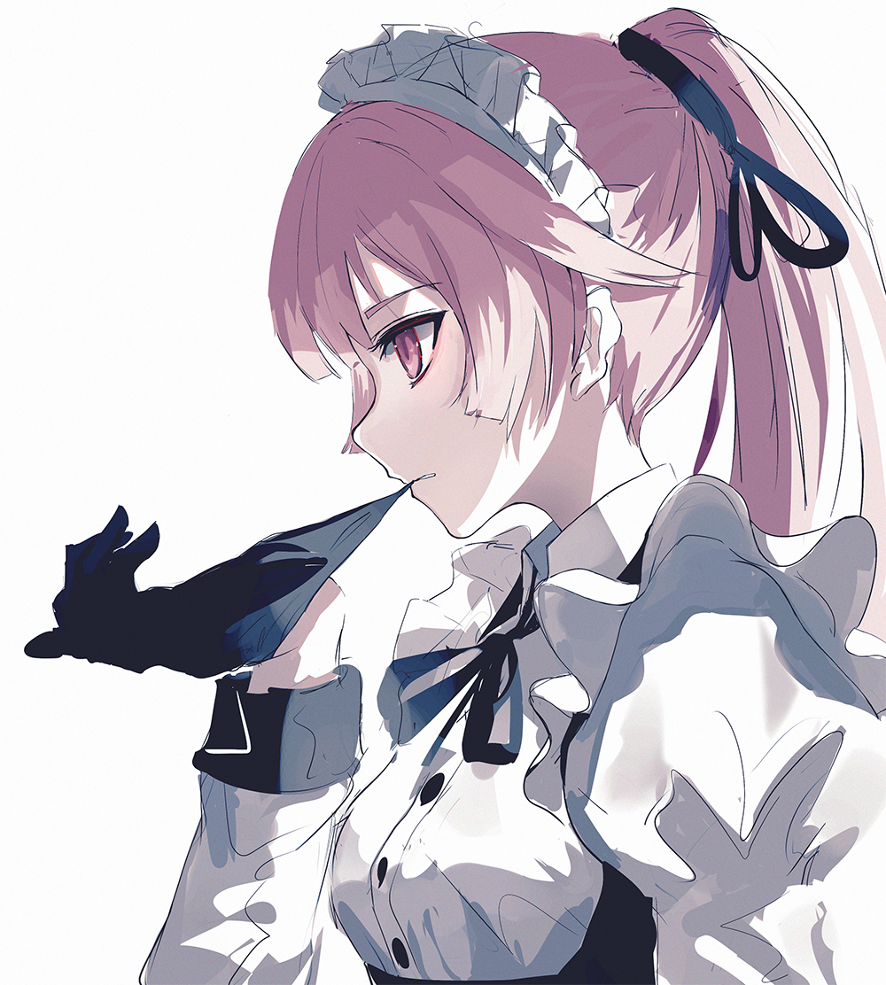1girl adjusting_clothes adjusting_gloves beckzawachi black_gloves black_neckwear black_ribbon blush breasts commentary_request frills from_side girls_frontline gloves hair_ribbon juliet_sleeves long_hair long_sleeves maid maid_headdress neck_ribbon ntw-20_(girls_frontline) parted_lips pink_hair ponytail profile puffy_sleeves ribbon shirt simple_background sketch small_breasts solo upper_body white_background white_shirt