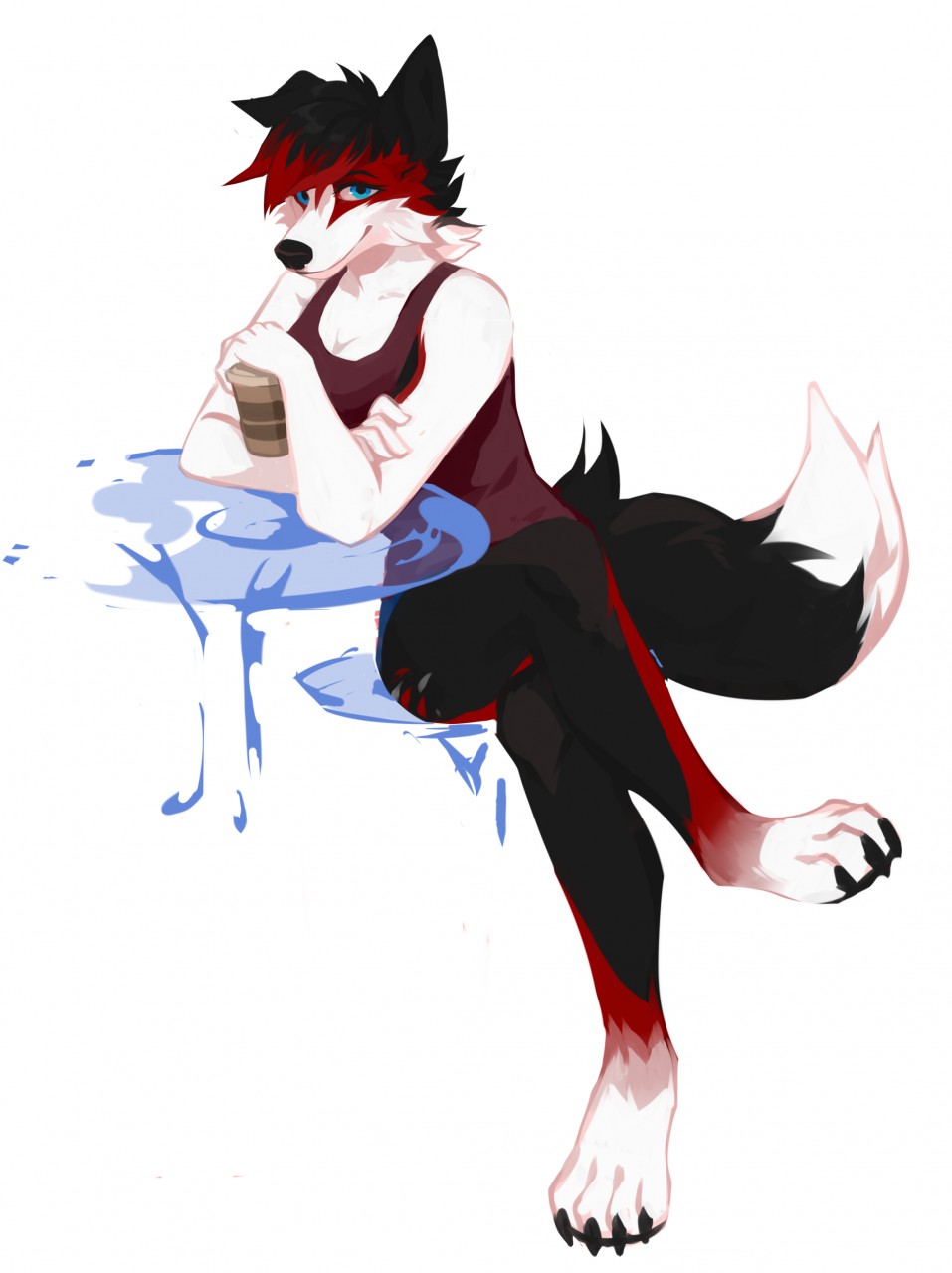 2019 4_toes anthro beverage black_fur black_nose black_tail blue_eyes border_collie breasts canid canine canis claws clothed clothing coffee collie cup digital_media_(artwork) dipstick_tail domestic_dog emerarudoshika eyebrows female fur herding_dog hi_res holding_object kim_greenwitch looking_at_viewer mammal multicolored_fur multicolored_tail pastoral_dog red_fur sheepdog shirt simple_background sitting smile solo table tank_top toes topwear two_tone_tail white_background white_fur white_tail