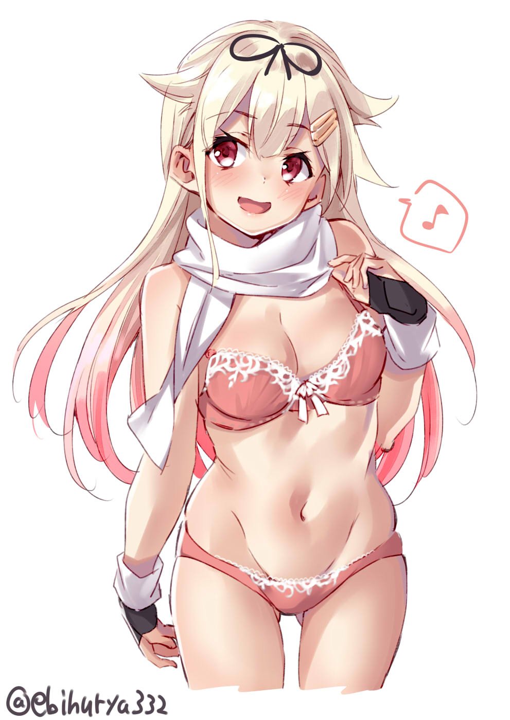 1girl black_gloves black_ribbon blonde_hair blush bra breasts cleavage collarbone cowboy_shot ebifurya eyebrows_visible_through_hair fingerless_gloves gloves gradient_hair groin hair_flaps hair_ornament hair_ribbon hairclip highres kantai_collection long_hair looking_at_viewer messy_hair midriff multicolored_hair musical_note navel open_mouth panties pink_bra pink_panties red_eyes remodel_(kantai_collection) ribbon scarf solo spoken_musical_note standing stomach straight_hair thighs underwear underwear_only white_scarf yuudachi_(kantai_collection)