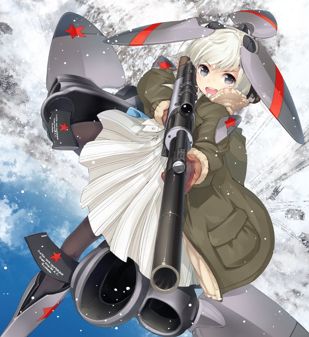 1girl :d aiming bangs blue_sky blush brown_legwear cloud coat day dress eyebrows_visible_through_hair fur-trimmed_coat fur-trimmed_sleeves fur_trim green_coat grey_eyes gun holding holding_gun holding_weapon mecha_musume military nanaroku_(fortress76) open_clothes open_coat open_mouth original outdoors pantyhose pleated_dress red_star round_teeth russian_text scope silver_hair sky smile snow snowing solo star teeth translation_request upper_teeth v-shaped_eyebrows weapon weapon_request white_dress