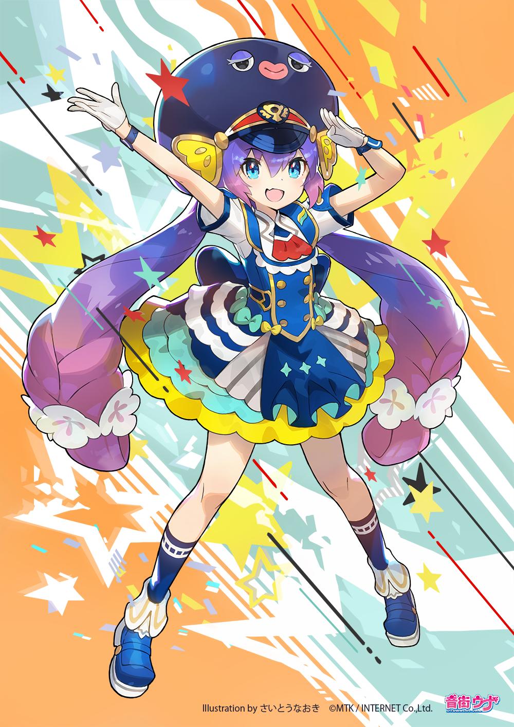 1girl :d artist_name bangs blue_dress blue_eyes blue_footwear blue_hair blush commentary copyright_name dress eel_hat fang full_body gloves hair_between_eyes highres logo long_hair looking_at_viewer official_art open_mouth otomachi_una saitou_naoki short_sleeves skin_fang smile solo twintails very_long_hair vocaloid watch watermark white_gloves wristwatch