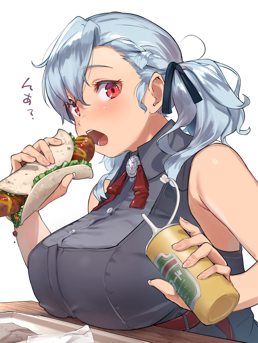 1girl bangs bare_shoulders belt blush breasts commentary_request cup drinking_straw eating eyebrows_visible_through_hair fingernails food girls_frontline hair_ribbon highres holding holding_food large_breasts long_hair looking_at_viewer napkin open_mouth red_eyes ribbon satsuki_neko silver_hair solo spas-12_(girls_frontline) table tray twintails upper_body white_background