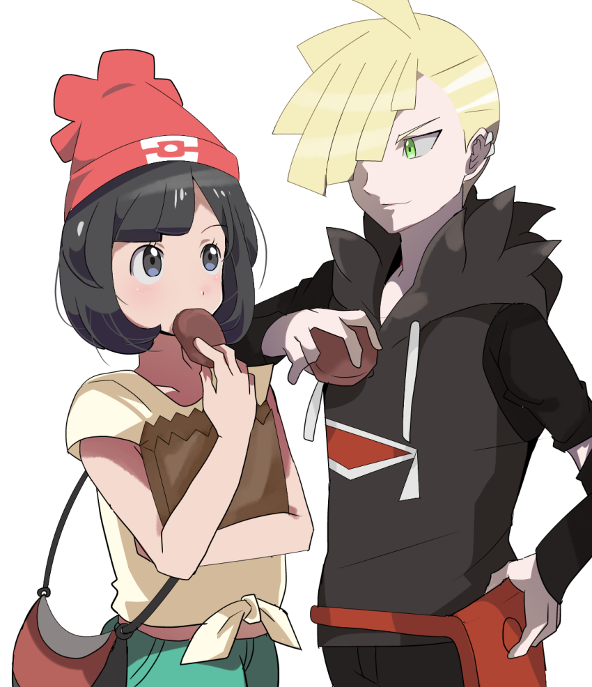 1boy 1girl anime_coloring arm_on_shoulder bag beanie black_eyes black_hair blonde_hair collarbone cowboy_shot eating eye_contact food gladio_(pokemon) green_eyes hand_on_hip handbag hat light_smile looking_at_another malasada midriff mizuki_(pokemon) paper_bag pokemon pokemon_(game) pokemon_sm pouch rem_sora410 shirt short_hair simple_background tied_shirt white_background