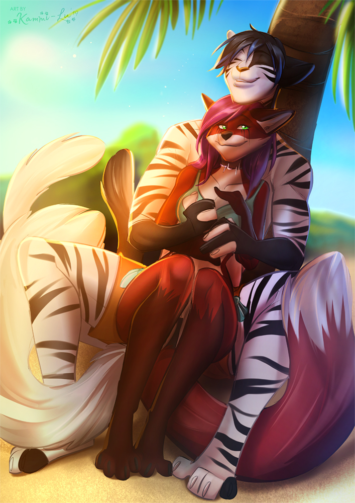 2019 5_fingers anthro black_hair canid canine clothed clothing day detailed_background duo eyes_closed felid female fox green_eyes hair kammi-lu male mammal outside pantherine smile tiger
