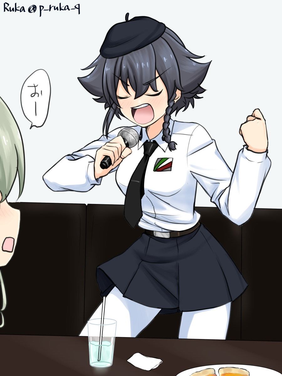 2girls anchovy anzio_school_uniform artist_name bangs belt beret black_belt black_hair black_headwear black_neckwear black_skirt blush booth braid clenched_hand commentary dress_shirt drinking_straw emblem eyebrows_visible_through_hair frown girls_und_panzer green_hair hat highres holding holding_microphone leaning_forward long_sleeves microphone miniskirt multiple_girls music necktie open_mouth out_of_frame pantyhose pepperoni_(girls_und_panzer) plate pleated_skirt ruka_(piyopiyopu) school_uniform shirt short_hair side_braid singing skirt solo_focus standing table twitter_username v-shaped_eyebrows white_legwear white_shirt
