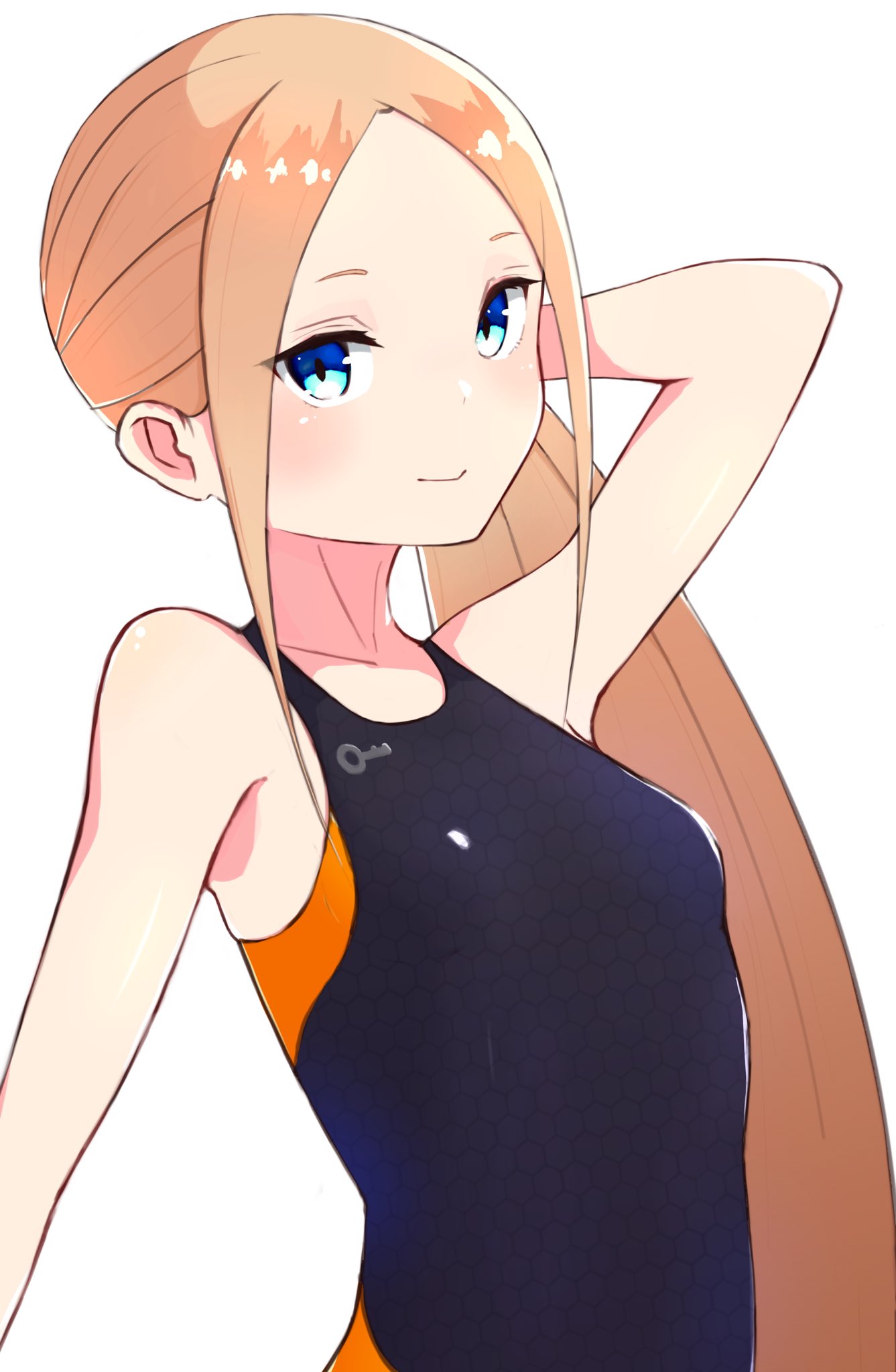 abigail_williams_(fate/grand_order) arm_behind_head bare_shoulders blonde_hair blue_eyes breasts fate/grand_order fate_(series) forehead highres kopaka_(karda_nui) long_hair looking_at_viewer one-piece_swimsuit simple_background small_breasts smile swimsuit very_long_hair white_background
