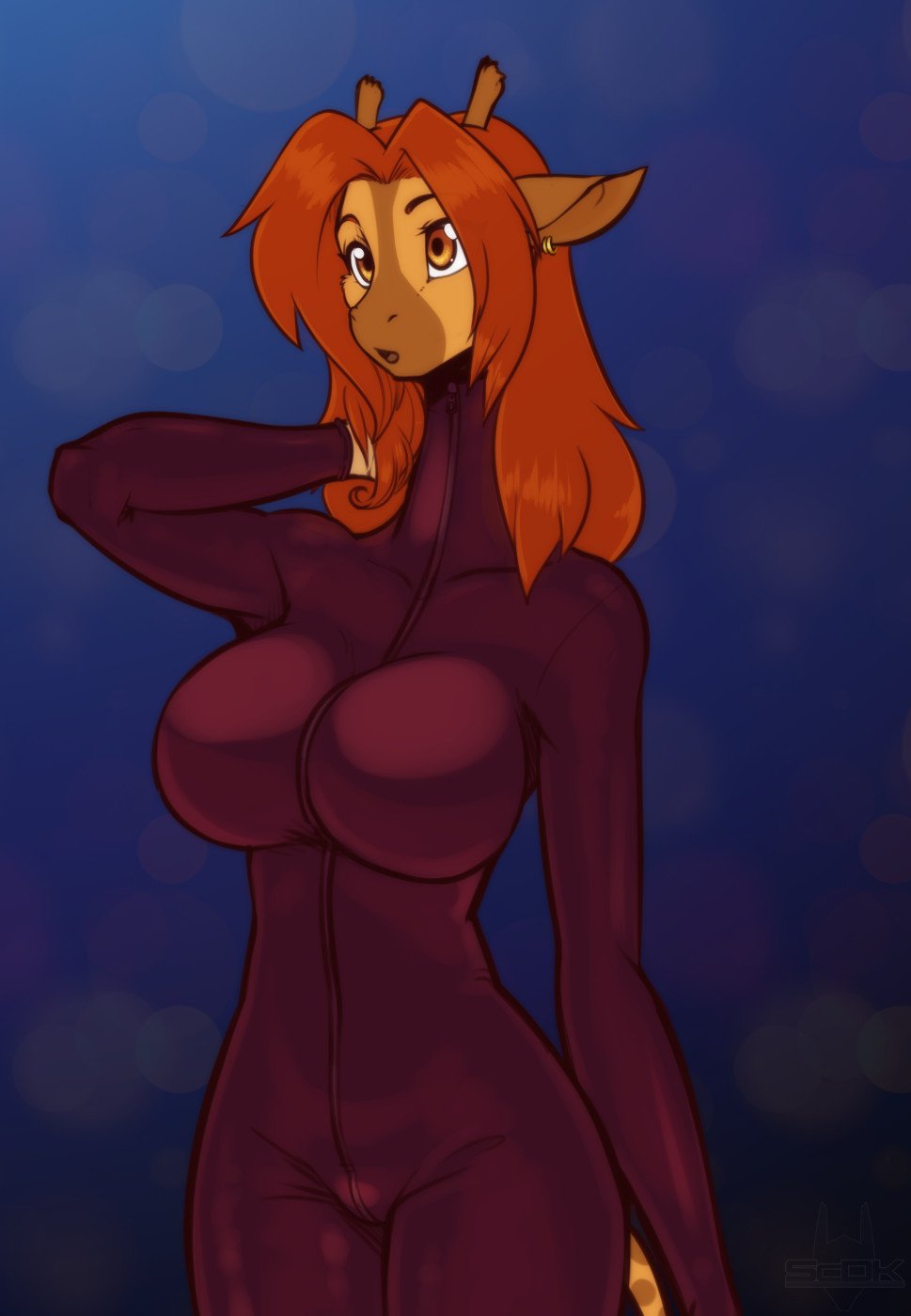 breasts brown_eyes female giraffe giraffid hair hi_res mammal orange_hair piercing pose puzzle_(kadath) scorpdk solo