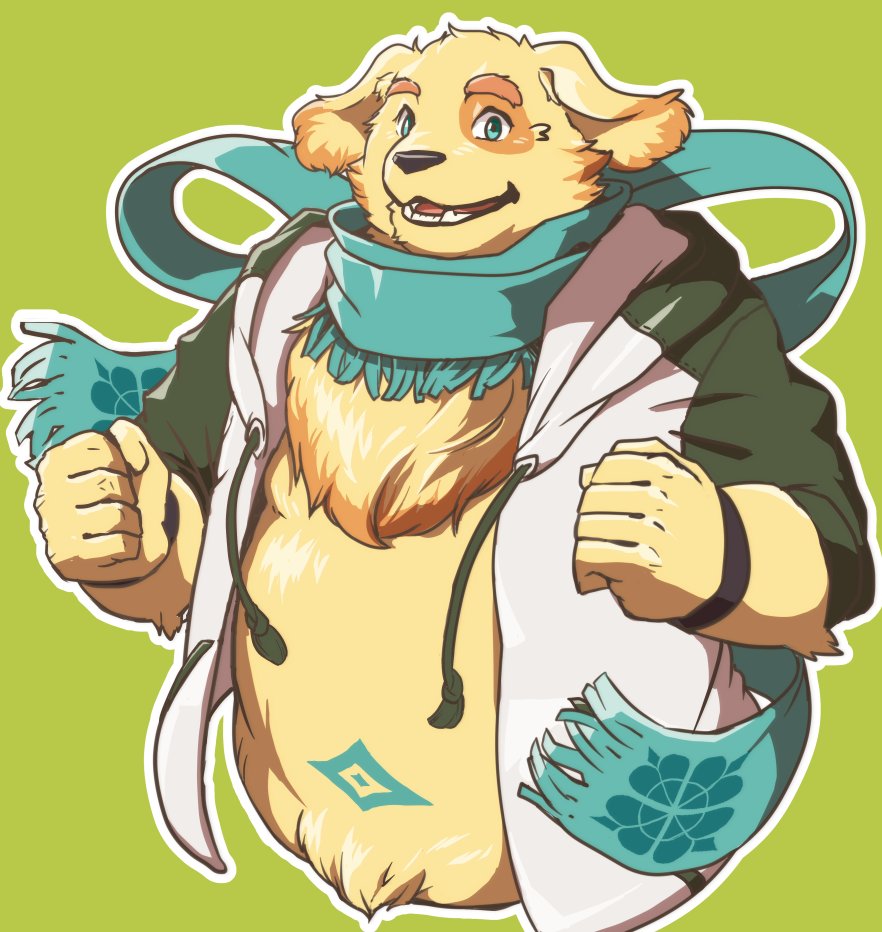 anthro canid canine canis clothed clothing cu_sith_(tas) domestic_dog fur green_background green_eyes inabayasuri male mammal open_shirt overweight overweight_male scarf simple_background solo tokyo_afterschool_summoners topwear video_games yellow_fur