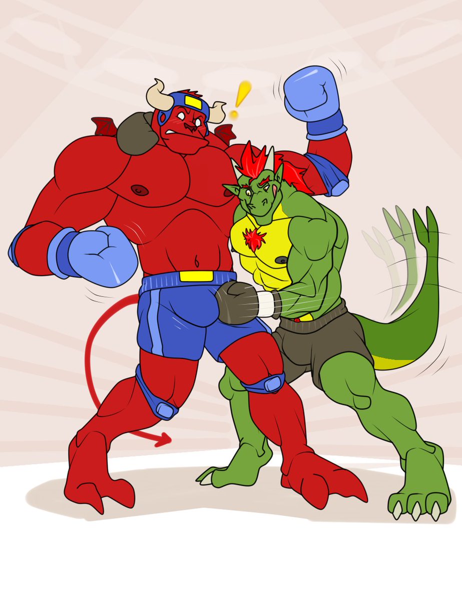 ! anthro ballbusting big_muscles blush body_hair boxing boxing_gloves boxing_shorts bulge chest_hair clothing cock_and_ball_torture demon dragon duo fan_character genital_torture gus_incubus hair handwear hi_res male muscular muscular_male red_hair red_skin sabrewing_(artist) sabrewing_(character) sport wade_hixton's_counter_punch