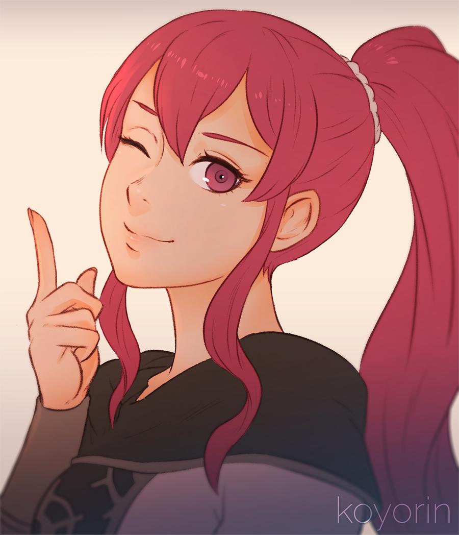 1girl anna_(fire_emblem) artist_name closed_mouth fire_emblem fire_emblem:_fuukasetsugetsu koyorin long_hair long_sleeves one_eye_closed ponytail red_eyes red_hair simple_background smile solo upper_body