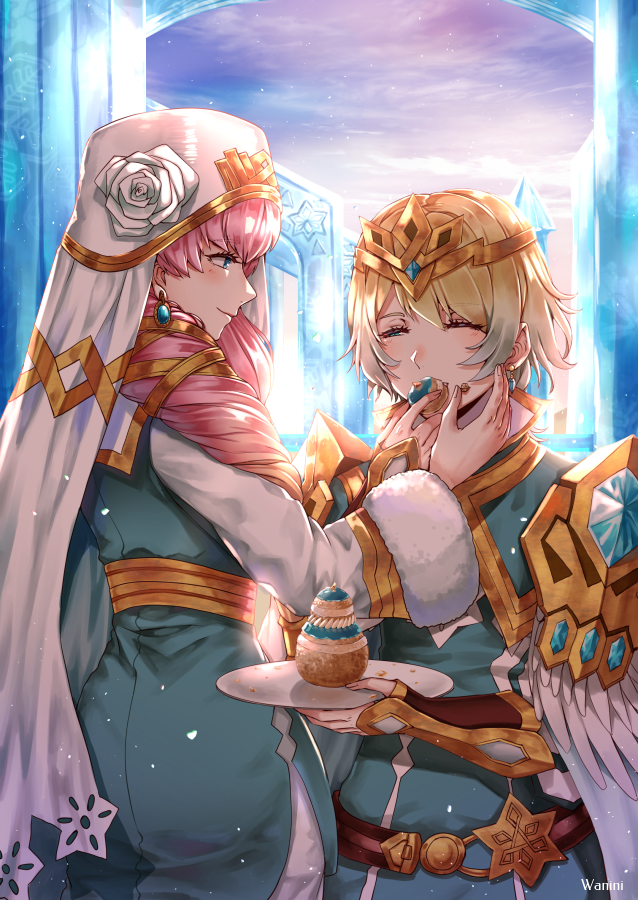 2girls artist_name belt blonde_hair blue_eyes blue_hair closed_eyes closed_mouth crown dress earrings eating feather_trim fire_emblem fire_emblem_heroes fjorm_(fire_emblem_heroes) food food_on_face from_side fur_trim gradient_hair gunnthra_(fire_emblem) jewelry long_hair long_sleeves multicolored_hair multiple_girls pink_hair short_hair siblings sisters veil wani_(fadgrith)