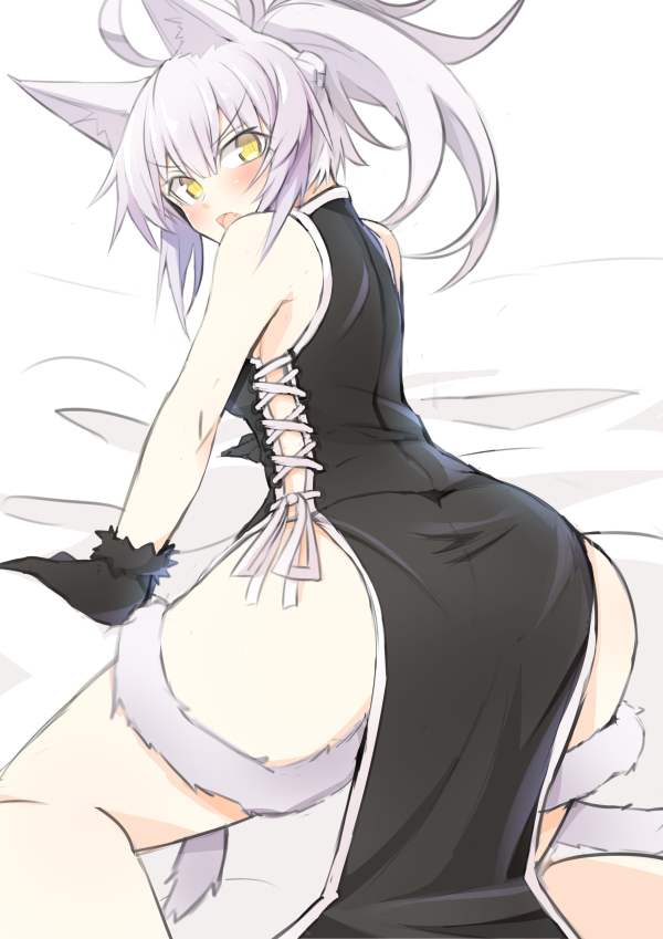 1girl agrius_metamorphosis alternate_costume animal_ear_fluff animal_ears ass atalanta_(alter)_(fate) atalanta_(fate) bed_sheet bent_over blush braid cat_ears cat_tail china_dress chinese_clothes dress fate/apocrypha fate/grand_order fate_(series) from_behind grey_hair nahu on_bed open_mouth side_slit tail tail_wrap thighs yellow_eyes