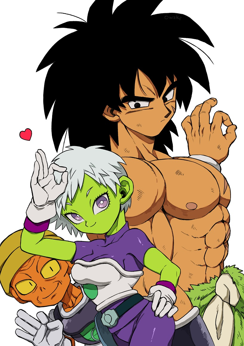 1girl 2boys abs arm_at_side armor belt black_eyes black_hair bodysuit breasts broly_(dragon_ball_super) cheelai chest_scar cleavage clothes_around_waist dirty dragon_ball dragon_ball_super_broly expressionless eyelashes facial_scar fingernails frown gloves green_skin grey_hair hand_on_hip hand_up hat heart height_difference lemo_(dragon_ball) looking_at_another looking_at_viewer looking_down medium_breasts messy_hair multiple_boys muscle nipples ok_sign orange_skin outsuki purple_bodysuit purple_eyes scar scar_on_cheek serious shirtless sideboob simple_background smile standing upper_body white_background white_gloves wristband yellow_eyes