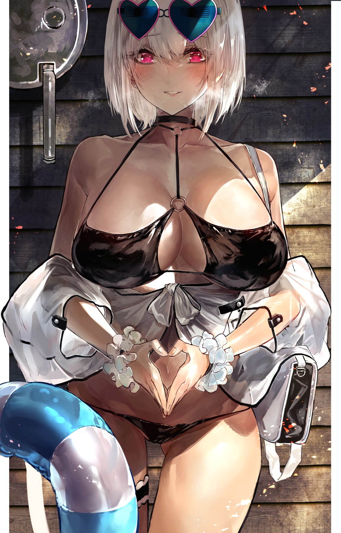 1girl alternate_costume ass_visible_through_thighs azur_lane bag bangs bare_shoulders bikini black_bikini blush breasts choker cleavage collarbone commentary_request eyebrows_visible_through_hair eyelashes eyes_visible_through_hair eyewear_on_head hair_between_eyes heart heart-shaped_eyewear heart-shaped_pupils heavy_breathing highres innertube large_breasts looking_at_viewer lowleg lowleg_bikini navel o-ring o-ring_top off_shoulder parted_lips red_eyes scrunchie sheer_clothes short_hair shoulder_bag signo_aaa sirius_(midsummer_seirios)_(azur_lane) smile solo sunglasses swimsuit symbol-shaped_pupils thigh_strap white_bag white_hair wrist_scrunchie