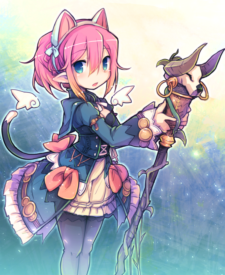 1girl animal_ears animal_skull black_legwear blue_jacket bow braid breasts cat_ears cat_girl cat_tail chestnut_mouth cleavage copyright_request crown_braid detached_wings fake_animal_ears frilled_skirt frills holding holding_staff jacket juliet_sleeves long_sleeves looking_at_viewer mini_wings parted_lips pink_hair pointy_ears puffy_sleeves red_bow skirt sleeves_past_wrists small_breasts solo staff standing tail thighhighs white_skirt white_wings wide_sleeves wings yoshi_(crossmind)