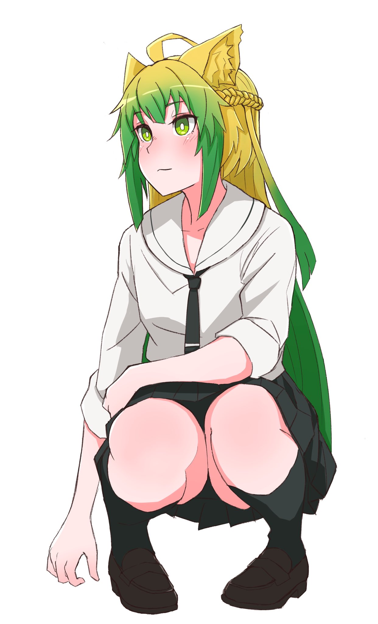 1girl animal_ears atalanta_(fate) black_legwear black_panties blonde_hair blush braid breasts cat_ears fate/apocrypha fate_(series) gradient_hair green_eyes green_hair highres kneehighs kopaka_(karda_nui) long_hair multicolored_hair panties pantyshot pantyshot_(squatting) pleated_skirt school_uniform simple_background skirt sleeves_rolled_up smile solo squatting underwear white_background