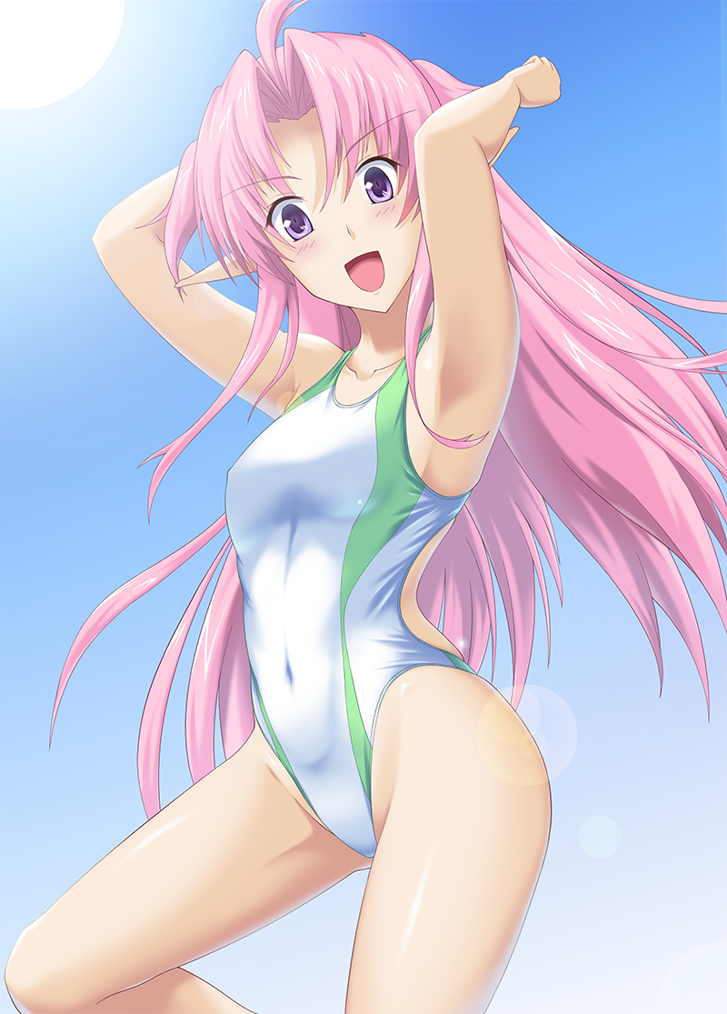 1girl alicesoft arms_behind_head blue_sky breasts collarbone commentary_request competition_swimsuit covered_navel cowboy_shot eyebrows_visible_through_hair gradient_sky highleg highleg_swimsuit liliam_mcbarn long_hair looking_at_viewer mottio one-piece_swimsuit pastel_chime_3 pink_eyes pink_hair pointy_ears purple_eyes sky small_breasts solo sun swimsuit white_swimsuit