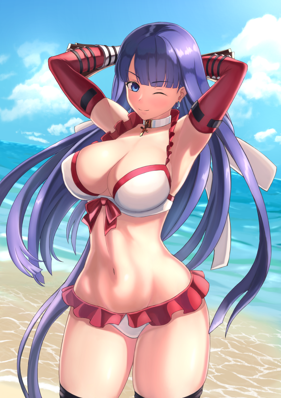 1girl armpits arms_behind_head arms_up bangs bare_shoulders beach bikini blue_eyes blunt_bangs blush breasts choker cleavage closed_mouth collarbone cross earrings elbow_gloves fate/grand_order fate_(series) gauntlets gloves highres jewelry kanki_(kibunhasaikou) large_breasts long_hair looking_at_viewer navel ocean one_eye_closed purple_hair red_gloves saint_martha saint_martha_(swimsuit_ruler)_(fate) smile solo straight_hair swimsuit thighs white_bikini