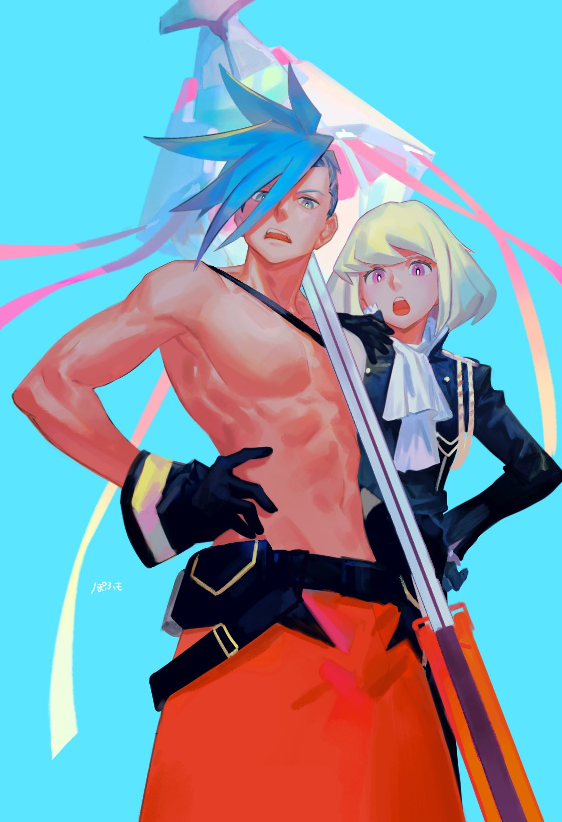 2boys black_gloves black_jacket blonde_hair blue_eyes blue_hair chest cravat galo_thymos gloves hand_on_another's_shoulder hand_on_hip highres jacket lio_fotia male_focus multiple_boys open_mouth pofu31 polearm promare purple_eyes shirtless spear spiked_hair weapon