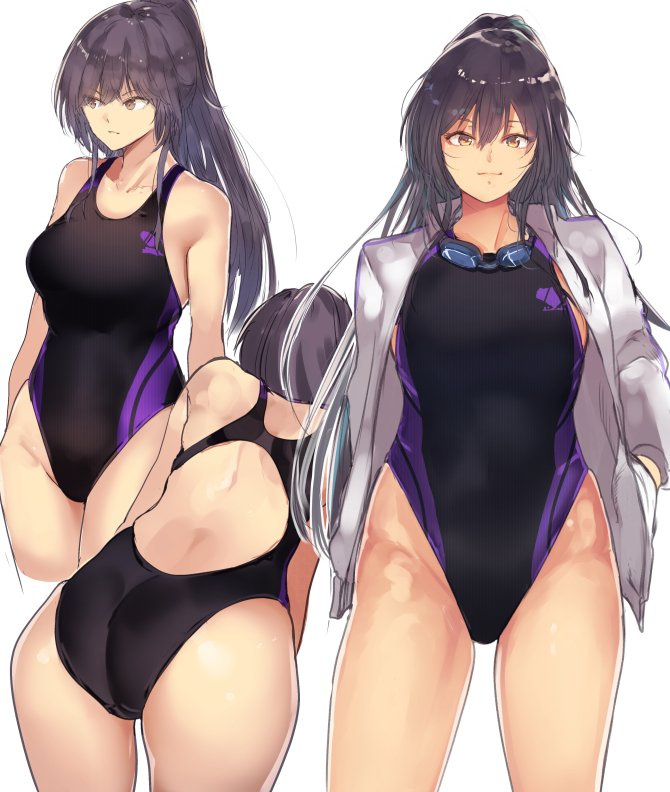 1girl ass black_hair black_swimsuit breasts cafe_au_lait_(kafeore) collarbone competition_swimsuit cowboy_shot goggles goggles_around_neck hands_in_pockets highleg highleg_swimsuit idolmaster idolmaster_shiny_colors jacket leaning_forward logo medium_breasts multiple_views one-piece_swimsuit open_clothes open_jacket ponytail shirase_sakuya simple_background standing swimsuit white_background white_jacket yellow_eyes