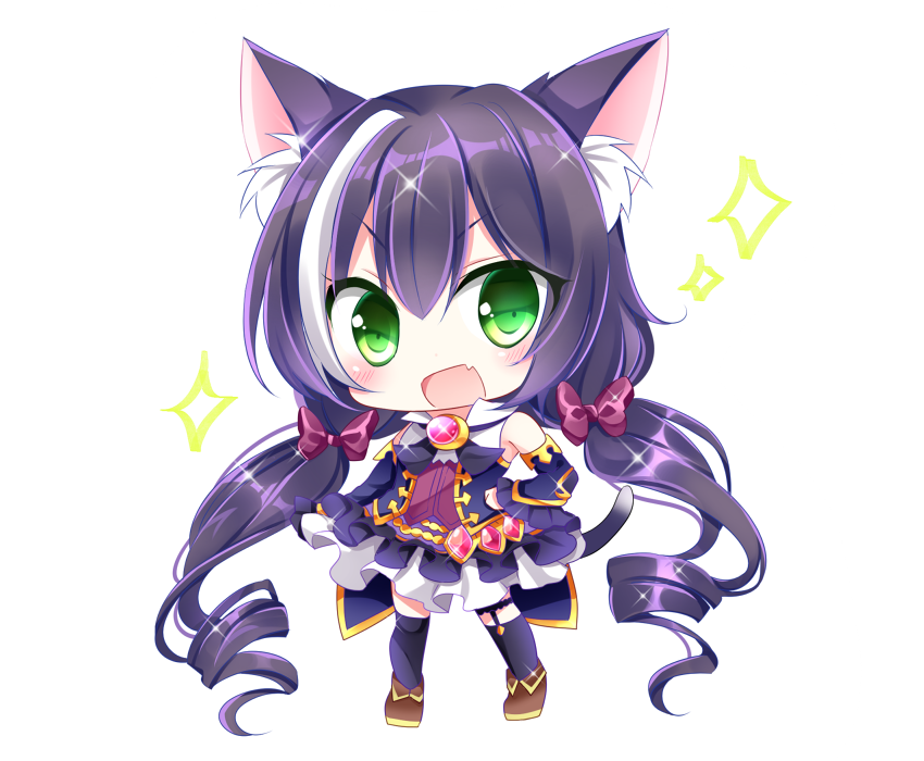 1girl :d animal_ear_fluff animal_ears bangs bare_shoulders black_hair black_legwear black_sleeves blush boots bow brown_footwear cat_ears cat_girl cat_tail chibi commentary_request detached_sleeves eyebrows_visible_through_hair fang full_body garter_straps green_eyes hair_between_eyes hair_bow hand_on_hip kyaru_(princess_connect) long_hair long_sleeves low_twintails multicolored_hair open_mouth princess_connect! princess_connect!_re:dive purple_skirt red_bow ringlets shikito shirt simple_background skirt sleeveless sleeveless_shirt smile solo sparkle standing streaked_hair tail thighhighs twintails v-shaped_eyebrows very_long_hair white_background white_hair white_shirt wide_sleeves