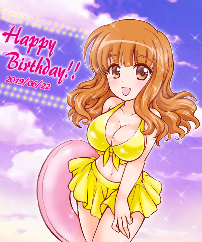 1girl :d bangs bikini bikini_skirt blue_sky blunt_bangs breasts burafu cleavage cloud cloudy_sky commentary contrapposto dated day english_text eyebrows_visible_through_hair front-tie_bikini front-tie_top girls_und_panzer happy_birthday holding holding_innertube innertube large_breasts long_hair looking_at_viewer navel open_mouth orange_eyes orange_hair outdoors sky smile solo sparkle standing swimsuit takebe_saori yellow_bikini